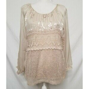 Tempo Paris Womens M Tunic Top Sheer Crochet Shirt Floral Embroidered Tan